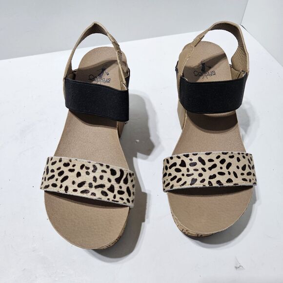Corkys Sandals Women's Size 8 Tan Black Leather Cheetah Cork Platform Wedge - Picture 2 of 5